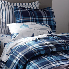 Handsome Tartan Classic Cool Organic Cotton Percale Comforter Set - Blue, Full/Queen