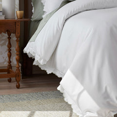 Embroidered Scallop Classic Smooth Sateen Solid Duvet Cover - Light Sage, King/Cal King