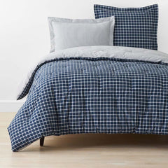 Classic Stripes and Plaids Cool Yarn-Dyed Cotton Percale Reversible Comforter - Windowpane White/Navy, Full/Queen