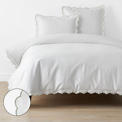 Embroidered Scallop Classic Smooth Sateen Solid Duvet Cover - Light Sage, King/Cal King