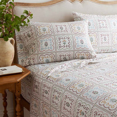 Lottie Classic Cool Cotton Percale Bed Sheet Set - Ivory Multi, Twin