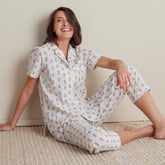 Printed Poplin Women's Short Sleeve Button-Down Pajama Set - Cottage Stripe, L