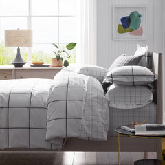 Tailored Stripes and Plaids Classic Cool Cotton Percale Flat Bed Sheet - Block Plaid Light Graphite, Queen