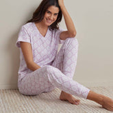 Printed Pima Cotton Women's Jogger Pants Pajama Set - Lisbon Mauve, XS