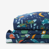 Planets and Rockets Classic Cool Organic Cotton Percale Bed Sheet Set - Navy Multi, Full