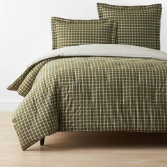 Classic Stripes and Plaids Cool Yarn-Dyed Cotton Percale Reversible Comforter - Windowpane Green, Full/Queen