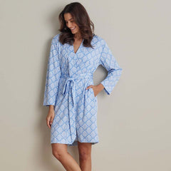 Printed Pima Cotton Women's Kimono Robe - Lisbon Blue, XS