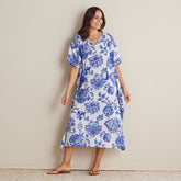 Printed Voile Women's Caftan Dress - Watercolor Floral Deep Blue, XL/XXL