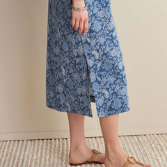 Printed Voile Women's Caftan - Indigo Floral, S