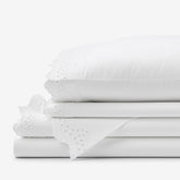 Eyelet Classic Cool Cotton Percale Solid Bed Sheet Set - White, King