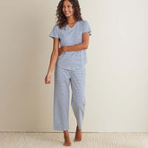 Yarn-Dyed Stripe Pima Cotton Women's Cropped Pajama Set - Navy/White, XS