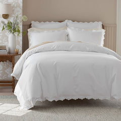 Embroidered Scallop Classic Smooth Sateen Solid Bed Sheet Set - Ivory, Twin