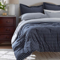 Classic Stripes and Plaids Cool Yarn-Dyed Cotton Percale Reversible Comforter - Windowpane White/Navy, Full/Queen