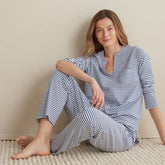 Yarn-Dyed Stripe Pima Cotton Women's Button-Down Pajama Set - Navy/White, M