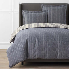 Tailored Stripes Premium Breathable Washed Linen Cotton Reversible Duvet Cover - Wide Stripe Deep Navy, King/Cal. King