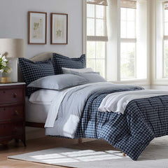 Classic Stripes and Plaids Cool Yarn-Dyed Cotton Percale Reversible Comforter - Windowpane White/Navy, King/Cal King