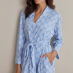 Printed Pima Cotton Women's Kimono Robe - Lisbon Blue, XS