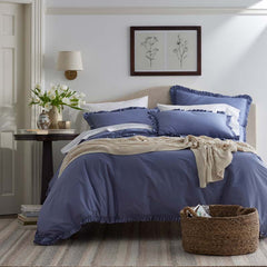 Solid Ruffle Garment Washed Cotton Percale Duvet Cover - Denim Blue, Full/Queen