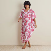 Printed Voile Women's Caftan Dress - Watercolor Floral Deep Pink, M/L