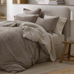 Tailored Stripes Premium Breathable Washed Linen Cotton Reversible Duvet Cover - Wide Stripe Dark Brown, King/Cal. King