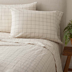 Tailored Stripes and Plaids Premium Breathable Washed Linen Cotton Flat Bed Sheet - Windowpane Dark Olive, Twin/Twin XL