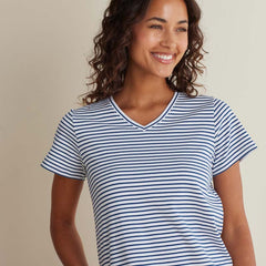 Yarn-Dyed Stripe Pima Cotton Women's Cropped Pajama Set - Navy/White, XL