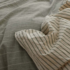 Tailored Stripes Premium Breathable Washed Linen Cotton Reversible Duvet Cover - Wide Stripe Dark Olive, Twin/Twin XL