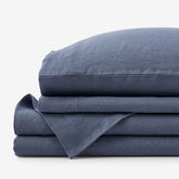 Premium Breathable Washed Linen Solid Bed Sheet Set - Denim Blue, Queen
