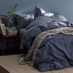 Premium Breathable Washed Linen Solid Fitted Bed Sheet - Denim Blue, Full