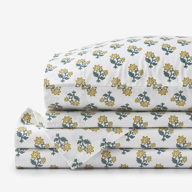 Suhana  Garment Washed Cotton Percale Bed Sheet Set - Yellow, Queen