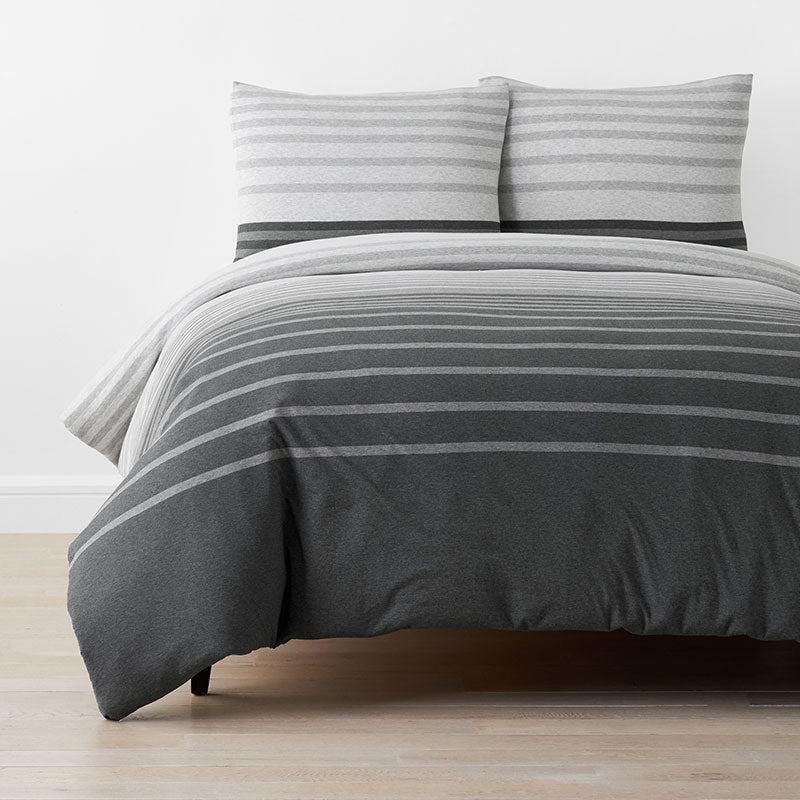 T-Shirt Soft Jersey Knit Stripe Yarn-Dyed Duvet Cover Set - Gray Multi, King/Cal King