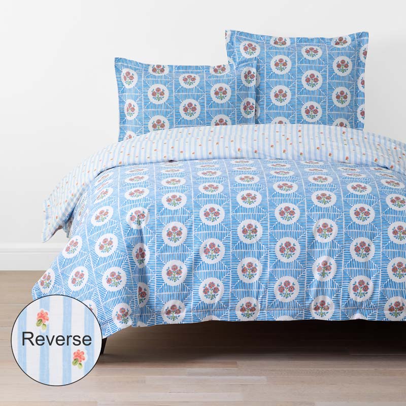 Blossoms and Stripes Classic Cool Cotton Percale Reversible Duvet Cover - Blossom Veil, Twin/Twin XL