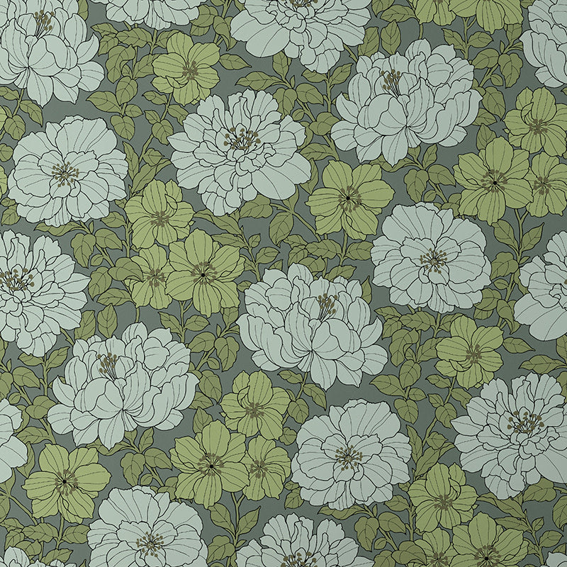 Large Blooms Removable Wallpaper - Green, Swatch