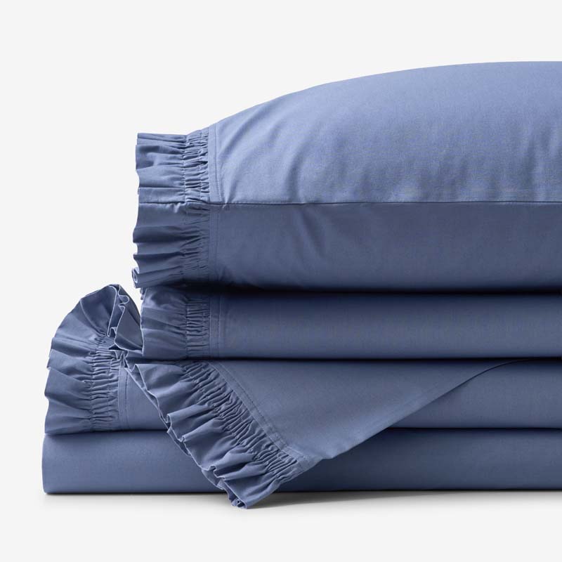 Solid Ruffle Garment Washed Cotton Percale Bed Sheet Set - Denim Blue, Queen