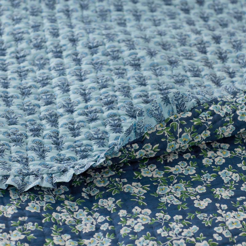 Suhana Reversible Ruffle Quilt - Blue, Twin/Twin XL