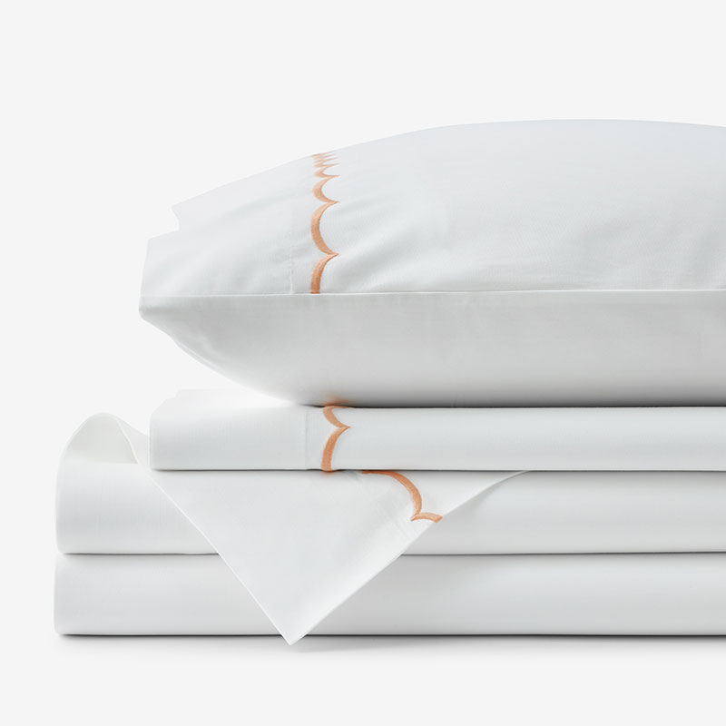 Embroidered Scallop Classic Cool Cotton Percale Bed Sheet Set - Melon, Full