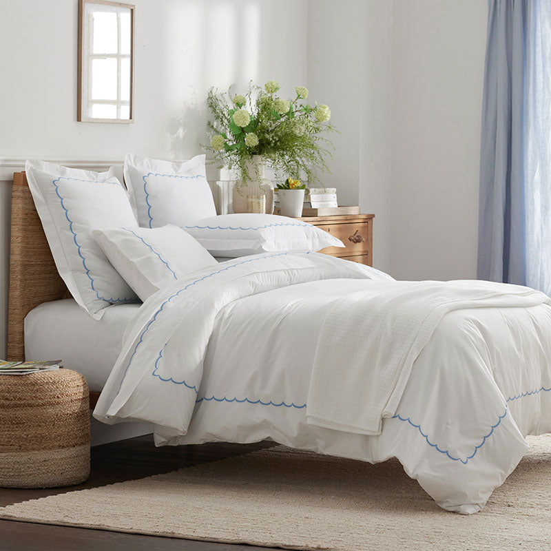 Embroidered Scallop Classic Cool Cotton Percale Duvet Cover - Blue, Full
