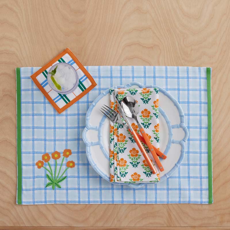 Floral Plaid Reversible Placemats, Set of 4 - Blue