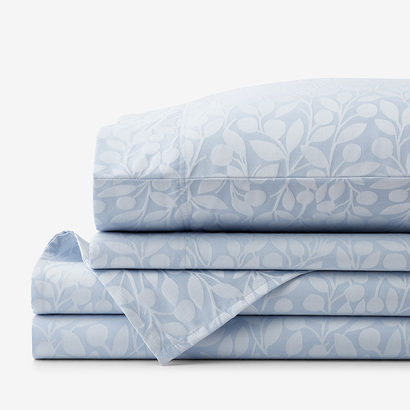 Jacquard Leaf Yarn-Dyed Premium Smooth Supima® Cotton Wrinkle-Free Sateen Bed Sheet Set - Blue Shadow, Full