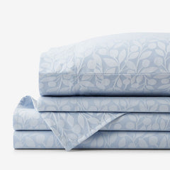 Jacquard Leaf Yarn-Dyed Premium Smooth Supima® Cotton Wrinkle-Free Sateen Bed Sheet Set - Blue Shadow, Full