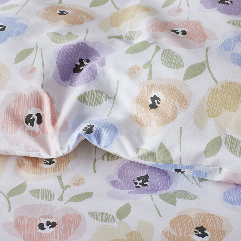 Pastel Poppies Classic Cool Organic Cotton Percale Bed Sheet Set - White Multi, Full