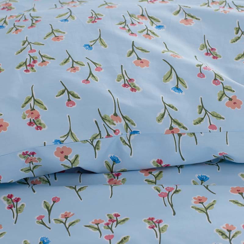 Blossoms and Stripes Classic Cool Cotton Percale Bed Sheet Set - Garden Poppies, King