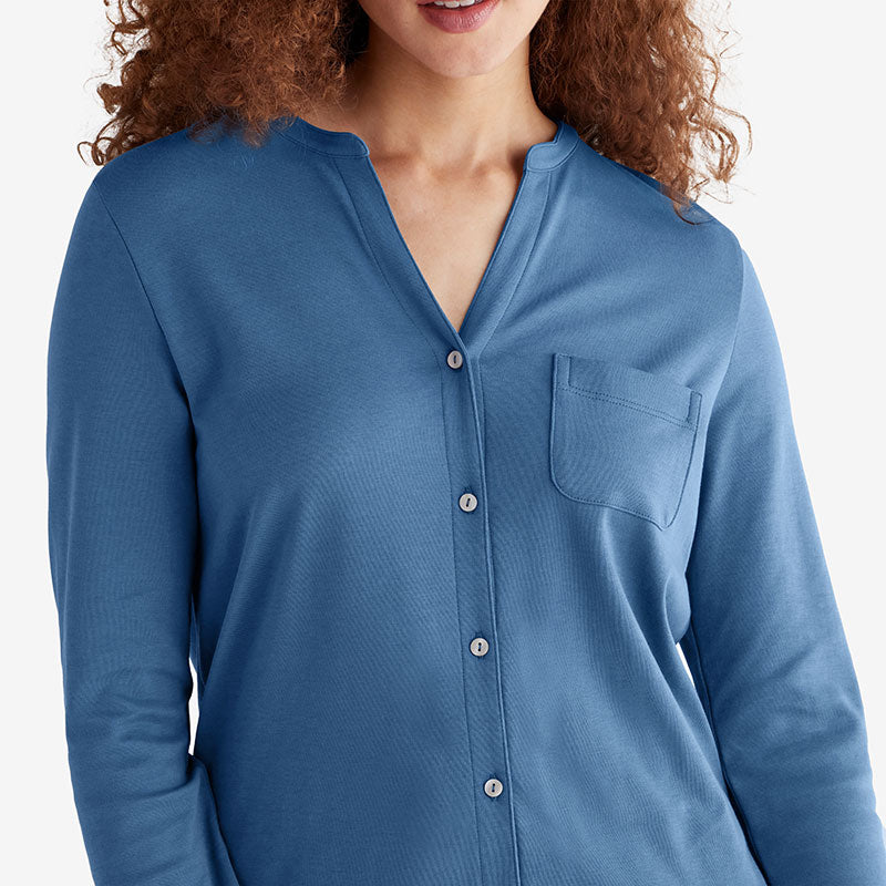Pima Cotton Women's Button-Down Pajama Set - Blue Denim, XXL