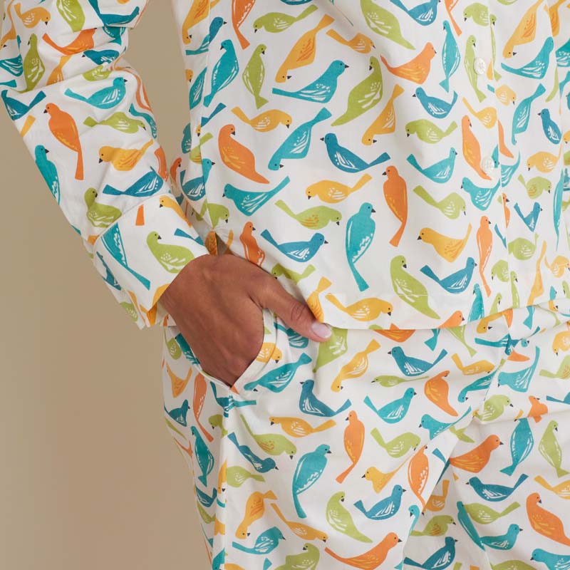 Printed Poplin Women's Button-Down Pajama Set - Spring Birds, XXL