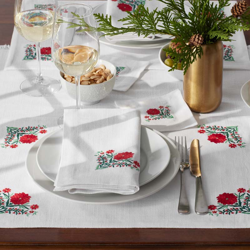 Embroidered Novelty Cocktail Napkins, Set of 4 - Poinsettia