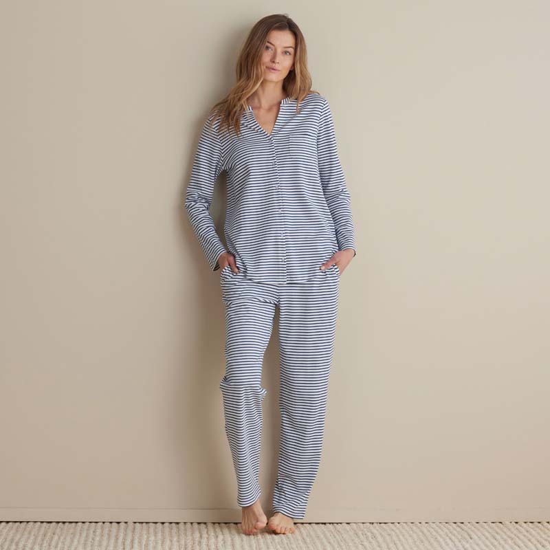 Yarn-Dyed Stripe Pima Cotton Women's Button-Down Pajama Set - Navy/White, L