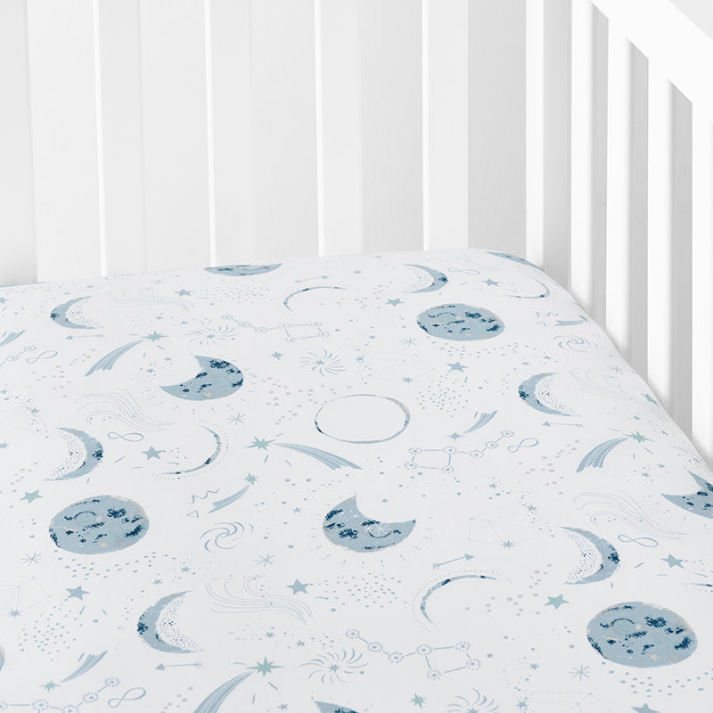 Night Sky Classic Cool Organic Cotton Percale Fitted Crib Sheet - Blue