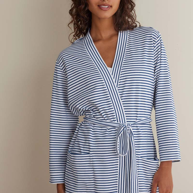 Yarn-Dyed Stripe Pima Cotton Women's Kimono Robe - Navy/White, L