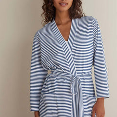 Yarn-Dyed Stripe Pima Cotton Women's Kimono Robe - Navy/White, S