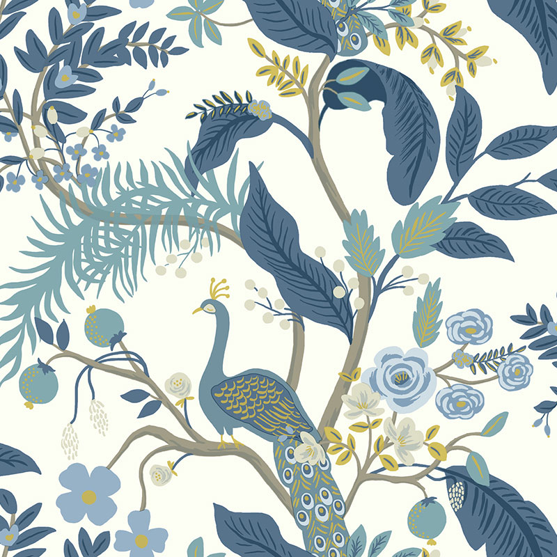 Peacock Traditional Wallpaper - Blue, Roll